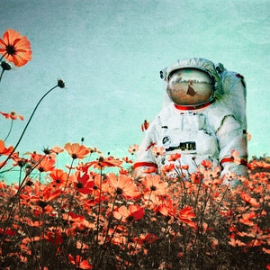 K&ouml;nnte beinhalten: Ein Astronaut in einem wei&szlig;en Raumanzug steht in einem Feld mit orangefarbenen Kosmosblumen. Das Visier des Astronauten spiegelt eine Frau in einem roten Kleid wider, die durch ein Feld geht.