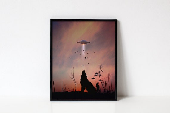 Wolf Poster Wall Art Print - UFO Art Flying Saucer Alien - Retro Sci Fi Art Surreal Collage Retro Space Poster - Weird Stuff Strange Art