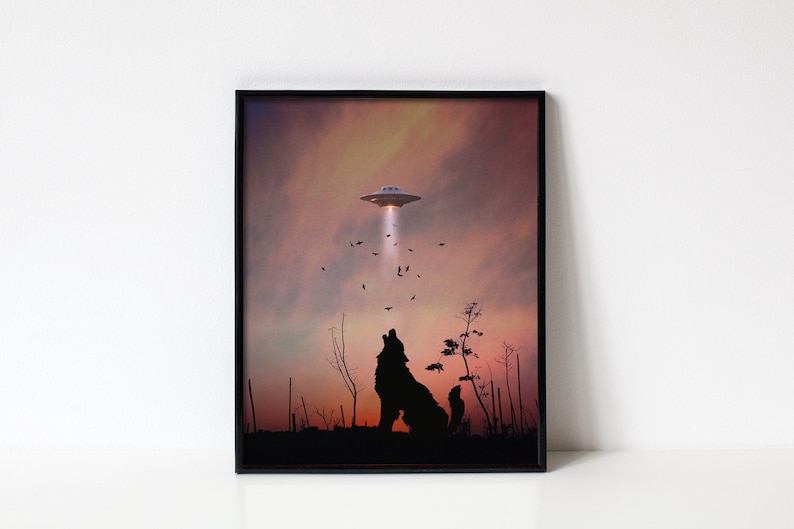 K&ouml;nnte beinhalten: Eine schwarze Silhouette eines Wolfes, der zu einer fliegenden Untertasse in einem Sonnenuntergangshimmel heult. Die Untertasse sendet einen Lichtstrahl aus.