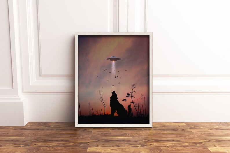 K&ouml;nnte beinhalten: Eine Silhouette eines Wolfes, der zu einem UFO am Himmel heult. Der Himmel ist ein Farbverlauf von Rosa, Orange und Lila. Das UFO sendet einen Lichtstrahl aus.