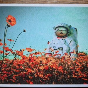 K&ouml;nnte beinhalten: Ein Astronaut in einem wei&szlig;en Raumanzug steht in einem Feld mit orangefarbenen Kosmosblumen. Das Visier des Astronauten spiegelt eine Szene einer Person wider, die in einem Feld geht.
