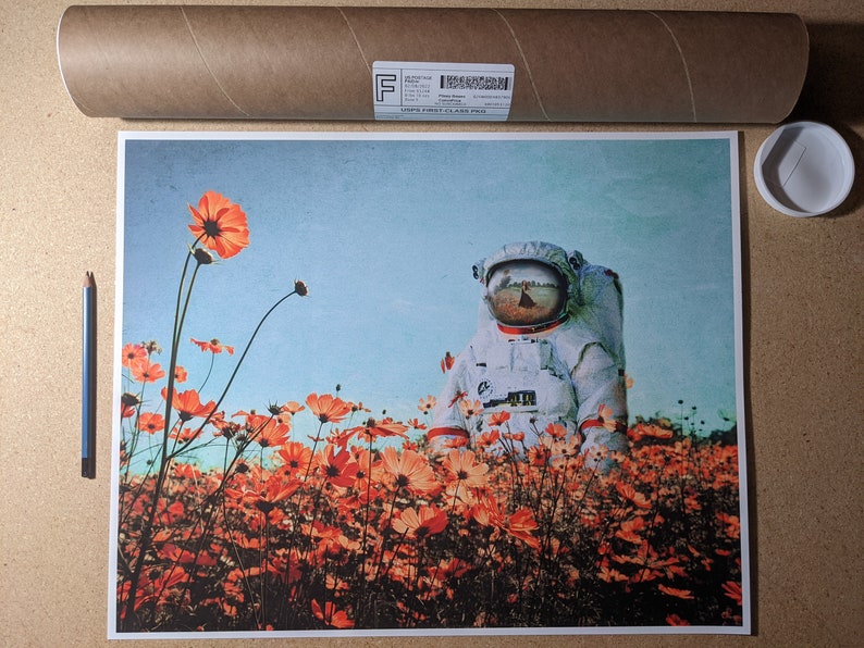 K&ouml;nnte beinhalten: Ein Astronaut in einem wei&szlig;en Raumanzug steht in einem Feld mit orangefarbenen Kosmosblumen. Das Visier des Astronauten spiegelt eine Szene einer Frau in einem roten Kleid wider, die durch ein Blumenfeld geht.