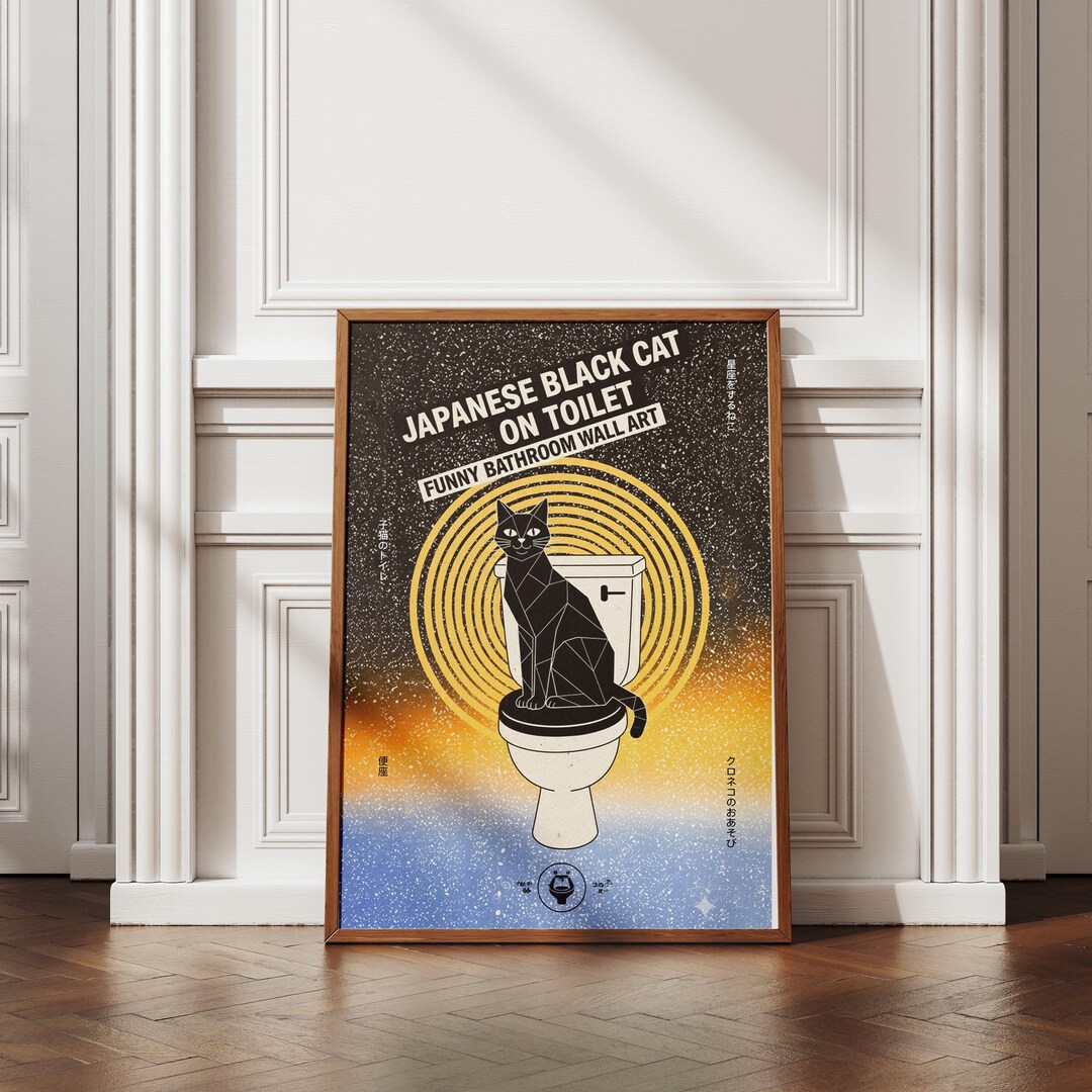 Japanese Black Cat on Toilet Print: Funny Bathroom Wall Art - Etsy
