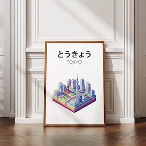 May include: A framed print featuring a colorful, isometric illustration of Tokyo's skyline. The print includes the Japanese characters for Tokyo and the English word "TOKYO". The artwork showcases iconic landmarks and buildings in a vibrant, geometric style.