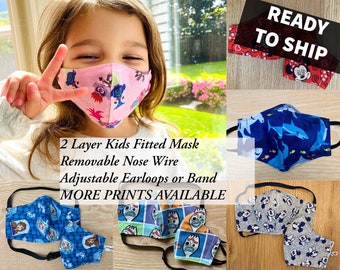 Kids Mask | Fitted Face Mask with Nose Wire | Adult & Kids Sizes | Adjustable Band or Earloops | Washable | Reusable