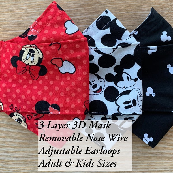 3D Face Mask Disney | 3 Layer + Nose Wire | No Fog | Adult & Kids | Reusable Cotton Mask | Adjustable | Washable | Handmade