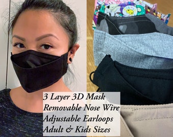 3D Face Mask | 3 Layer + Nose Wire | No Fog | Adult & Kids | Reusable Cotton Mask | Adjustable | Washable | Handmade