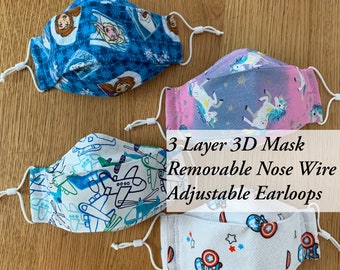 Kids Mask | 3D Face Mask | 3 Layer + Nose Wire | Reusable Cotton Mask | Adjustable | Washable | Handmade