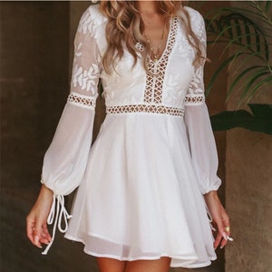 Backless White Bohemian Lace Summer Dress / Long Sleeve White Boho Women Dress