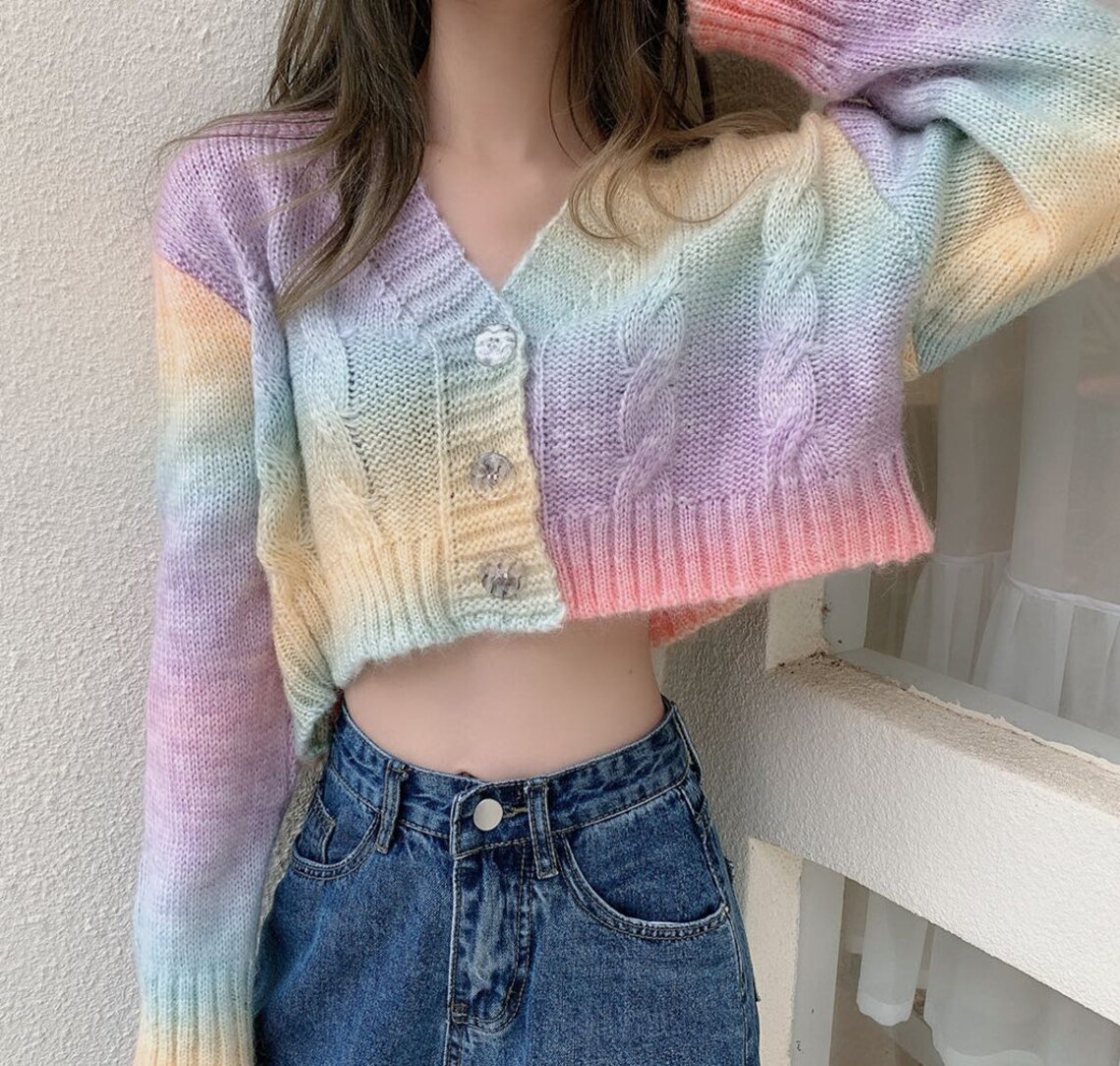 Pastel Color Colorfull Women Cardigan Long Sleeve Loose V Etsy