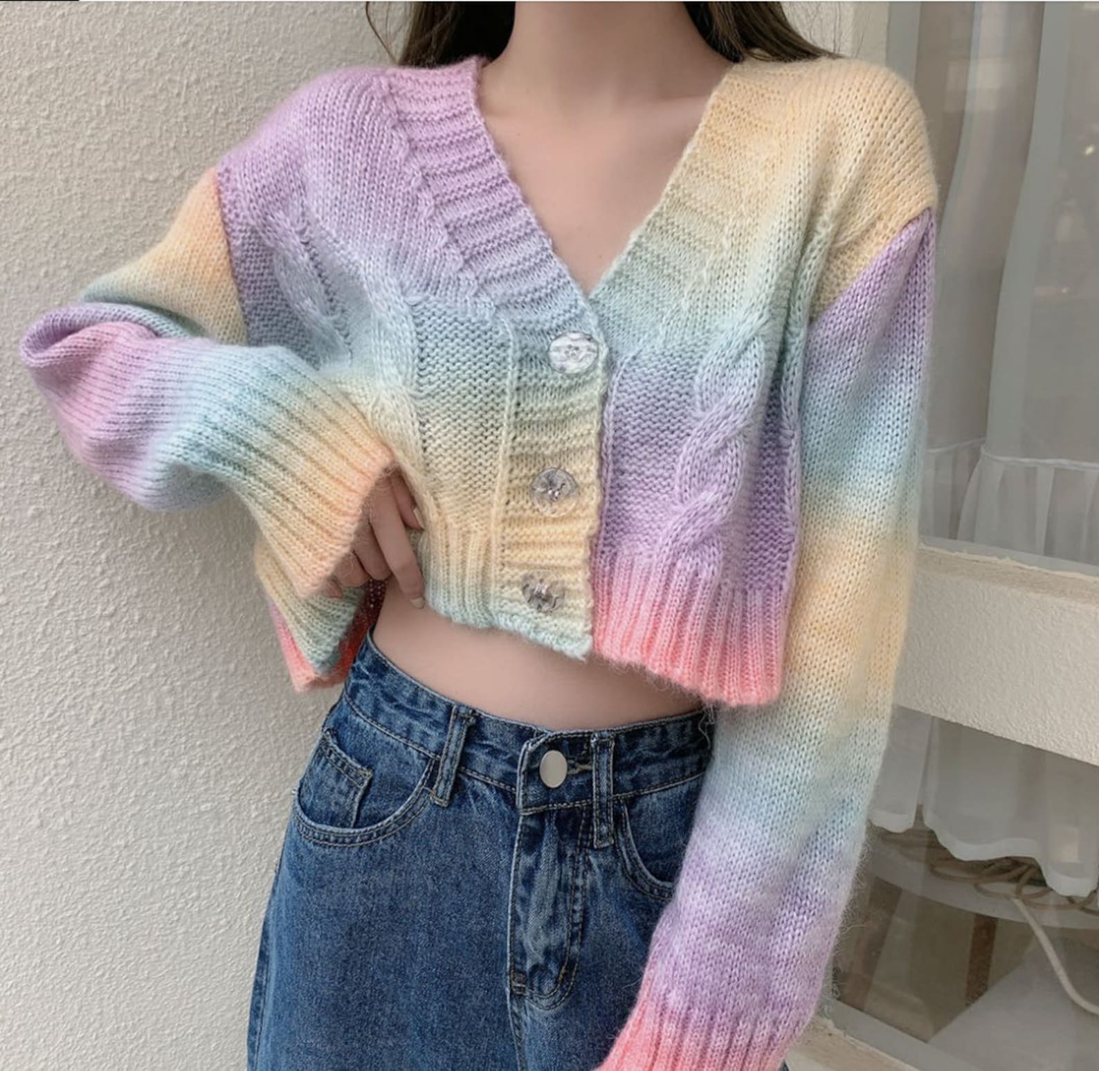 Pastel Color Colorfull Women Cardigan Long Sleeve Loose V Etsy