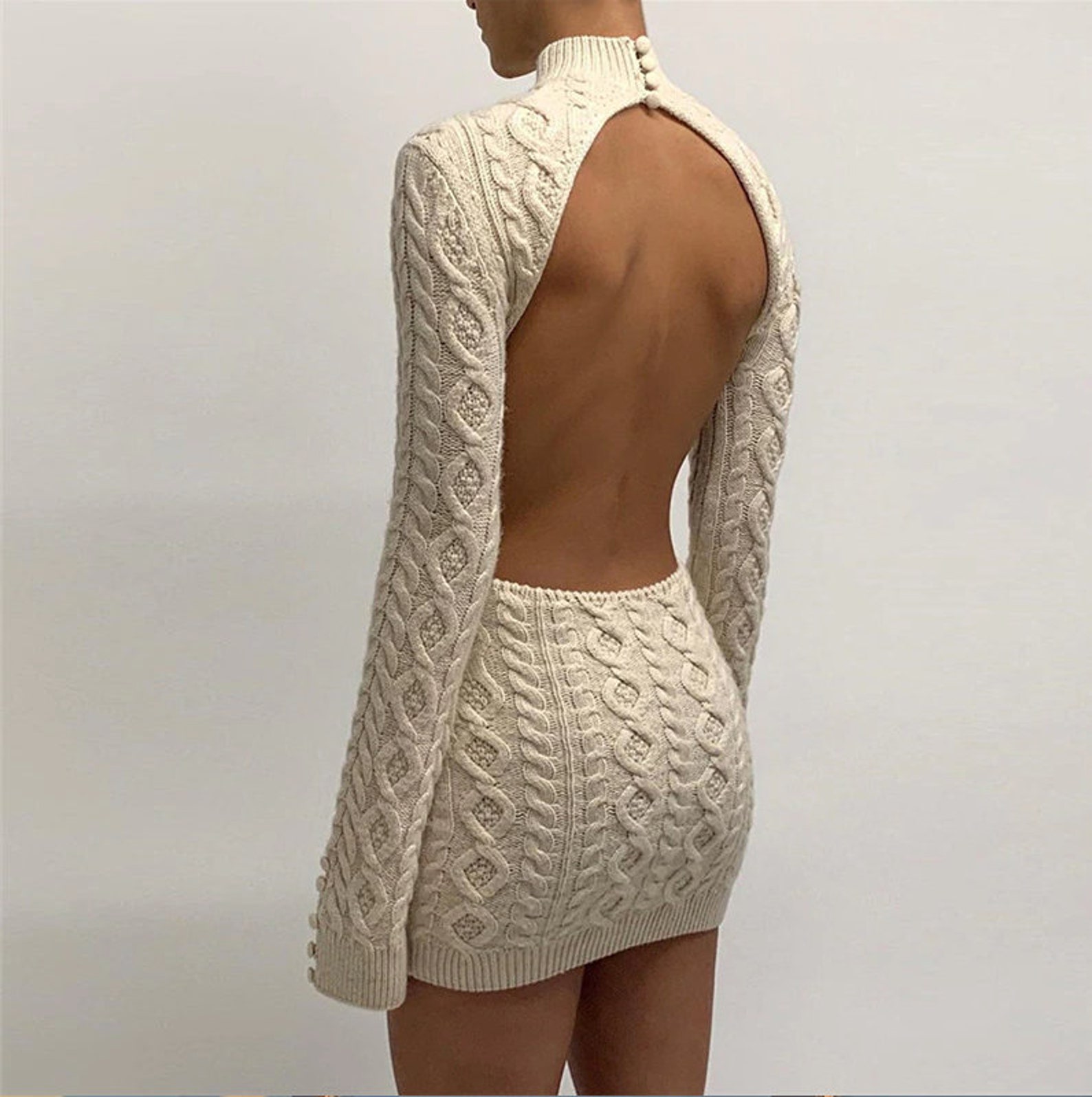 Fall / Winter Twist Knitted Long Sleeve Backless Mini Dress | Etsy