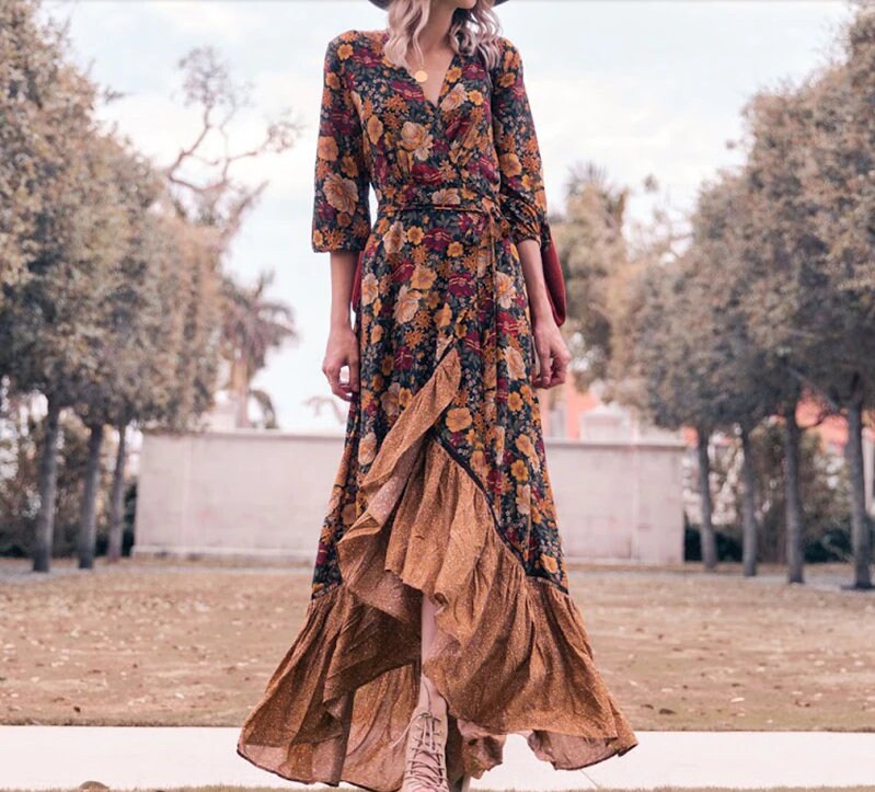 Floral Autmn Long Dress Boho Maxi Woman Dress - Etsy