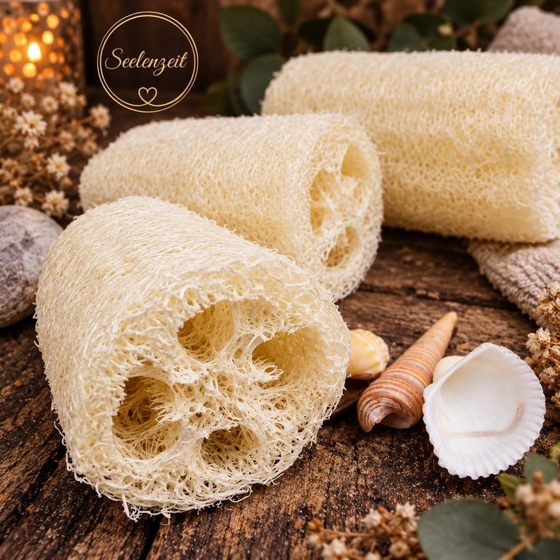 May include: Three cylindrical, off-white, fibrous loofah sponges with a porous, natural texture. The sponges are arranged in a group, showcasing their hollow, multi-chambered interior structure. A circular logo with the text Seelenzeit is visible.