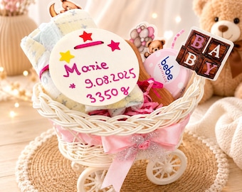 Regalo para bebé recién nacido (niño o niña) • Tarta de pañales/cochecito personalizado con nombre • Cesta de bebé/regalo de bautizo • Regalo de pañales