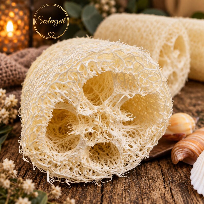 May include: A cylindrical, cream-coloured loofah sponge with a porous, fibrous texture and a visible internal structure. The sponge features a circular cross-section with multiple open chambers. A logo with the text Seelenzeit is visible.