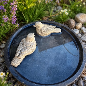 Può includere: Un bagno per uccelli circolare grigio scuro contenente acqua con due statuette di uccelli color beige chiaro simili alla pietra all'interno. Il testo "Hintergrund digital erstellt- Produkt 100 % handgemacht" è stampato nell'angolo in basso a destra.