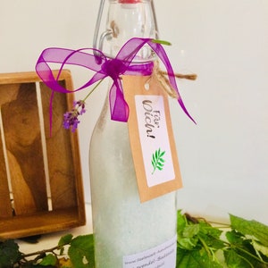 Sal de banho orgânico lavanda com óleo de amêndoa, 500 gramas em frasco de vidro com tampa giratória, bem-estar, SPA, presente