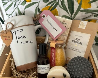Set regalo "Guarisci presto" in scatola di legno, cofanetto benessere per donne e uomini, set antistress con tazza + tè biologico, regalo per prendersi cura di sé.