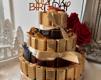 PRALINENTORTE 3 stöckig, Hochzeit, Geburtstag, Merci, gold