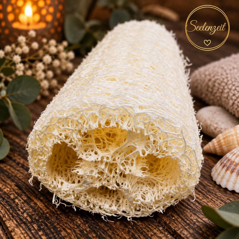 May include: A cylindrical, off-white loofah sponge with a porous, fibrous, and net-like texture. The natural plant-based scrubber features a hollow centre and an open, layered structure, displaying a light cream colour throughout its surface.