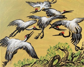 Original Painting: Cranes Over a Pine Tree