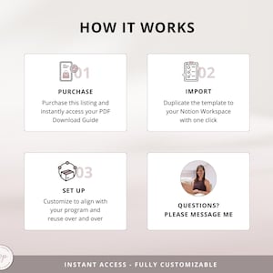 May include: A graphic showing how to use a Notion template. The steps are: purchase, import, and set up. The graphic includes icons and text.