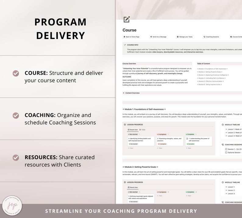 May include: A pink and white graphic with the text "PROGRAM DELIVERY" in a large, bold font. Below the text are three checkboxes with the text "COURSE: Structure and deliver your course content", "COACHING: Organize and schedule Coaching Sessions", and "RESOURCES: Share curated resources with Clients". The graphic also includes the text "STREAMLINE YOUR COACHING PROGRAM DELIVERY".