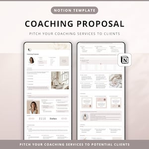 Puede incluir: Una plantilla digital de Notion para una propuesta de coaching con dos diseños de pantalla verticales. El texto dice NOTION TEMPLATE, COACHING PROPOSAL, PITCH YOUR COACHING SERVICES TO CLIENTS. El diseño utiliza una paleta de colores neutros con secciones para introducciones, sobre mí, paquetes de coaching y testimonios de clientes.