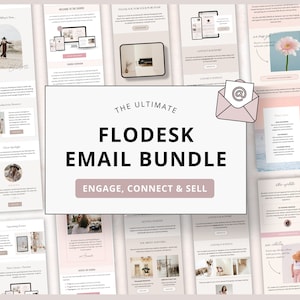 May include: The Ultimate Flodesk Email Bundle: Engage, Connect & Sell. A pink and white graphic with the text "The Ultimate Flodesk Email Bundle: Engage, Connect & Sell" and images of email templates.