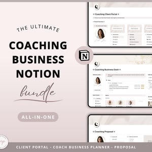 Może przedstawiać: The Ultimate Coaching Business Notion Bundle, pakiet kompleksowy dla coachów, obejmujący portal klienta, plan biznesowy i szablony propozycji. Obraz przedstawia zrzut ekranu aplikacji Notion w różowo-złotym schemacie kolorystycznym.
