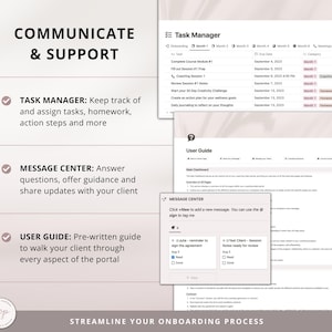 May include: A graphic outlining the features of a client onboarding portal. The features include a task manager, message centre, and user guide. The graphic is designed to streamline the onboarding process for clients.