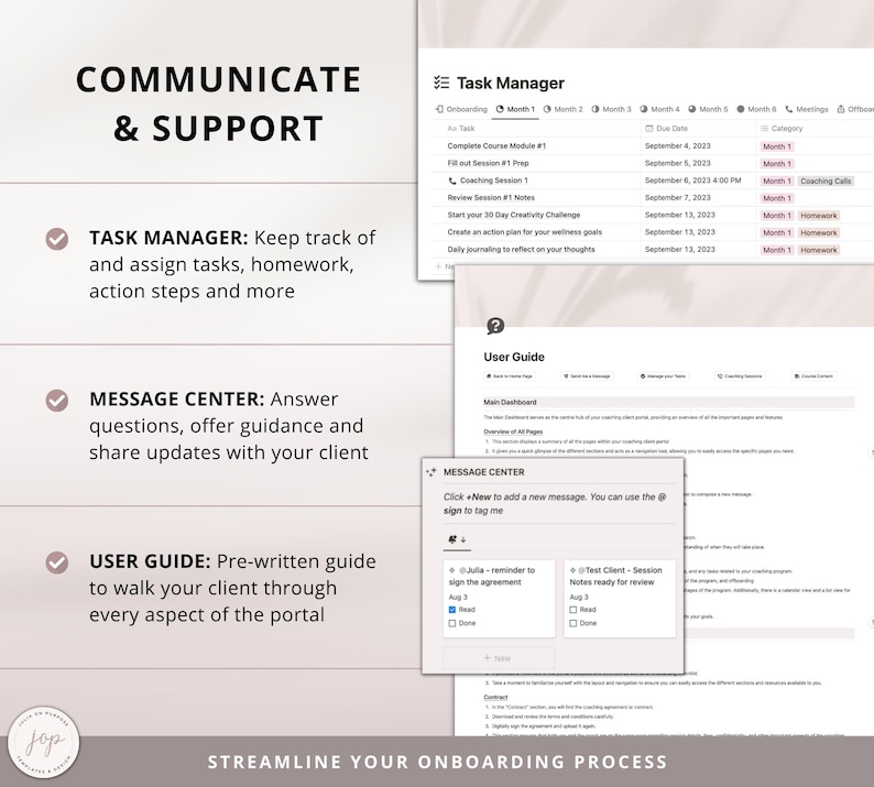 May include: A graphic outlining the features of a client onboarding portal. The features include a task manager, message centre, and user guide. The graphic is designed to streamline the onboarding process for clients.