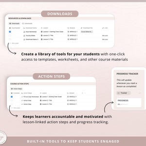 Peut inclure: Interface num&eacute;rique avec les titres "DOWNLOADS" et "ACTION STEPS". Il comprend un suivi de progression et une biblioth&egrave;que d'outils pour les &eacute;tudiants. Le texte "BUILT-IN TOOLS TO KEEP STUDENTS ENGAGED" est &eacute;galement visible.
