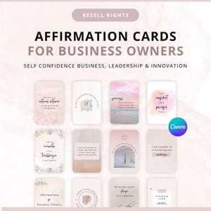 May include: A collection of rectangular affirmation cards for business owners featuring soft pink and neutral watercolor backgrounds, minimalist line art, and inspirational text including phrases like Success is a natural outcome and I am a confident leader.