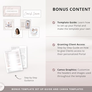 May include: A digital product mockup showing a bonus content checklist for a coaching program. The checklist includes a template guide, a guide on granting client access, and Canva graphics. The text "BONUS CONTENT" is at the top of the image.