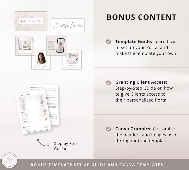 May include: A digital product mockup showing a bonus content checklist for a coaching program. The checklist includes a template guide, a guide on granting client access, and Canva graphics. The text "BONUS CONTENT" is at the top of the image.