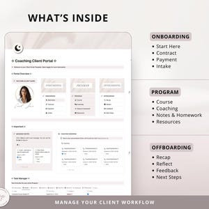 May include: A screenshot of a computer screen displaying a coaching client portal with sections for onboarding, program, and offboarding. The portal features sections for welcome, important information, message centre, coaching sessions, and task manager. The text "WHAT'S INSIDE" is at the top of the screen.