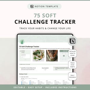 75 Soft Challenge Tracker Notion Template, Workout Tracker, Meal Planner, Reading Tracker, Daily Habit Tracker, Goal Planner, Digital Planner