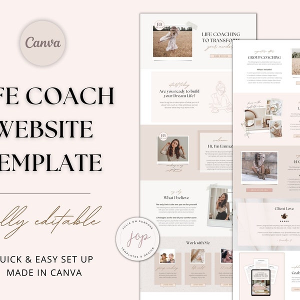Life Coach Website Template Canva, Sales Page, Landing Page Template for Coaching Business Editable, Coaching Package, Website Theme, Client