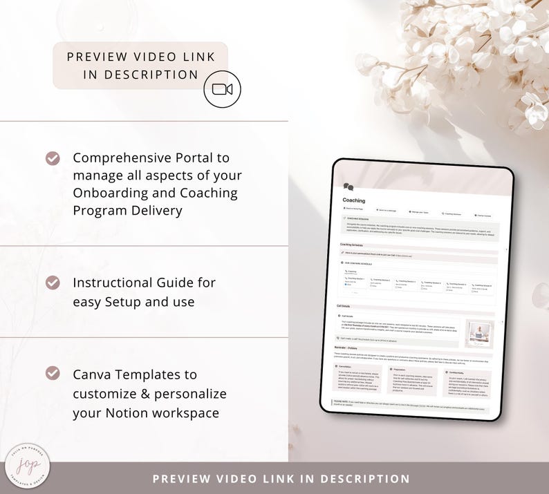 May include: A digital mockup of a Notion workspace for coaching, with a checklist of features including a comprehensive portal, instructional guide, and Canva templates. The text "Coaching" is visible at the top of the page.