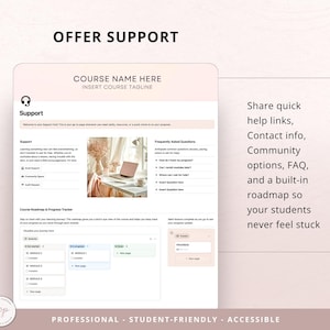 Peut inclure: Une interface num&eacute;rique avec le texte "OFFRE SOUTIEN" en haut. L'interface comprend des sections pour l'assistance, les questions fr&eacute;quemment pos&eacute;es et une feuille de route du cours. La conception est dans des tons de rose et de blanc, avec les mots "PROFESSIONNEL - ADAPTE AUX &Eacute;TUDIANTS - ACCESSIBLE" en bas.