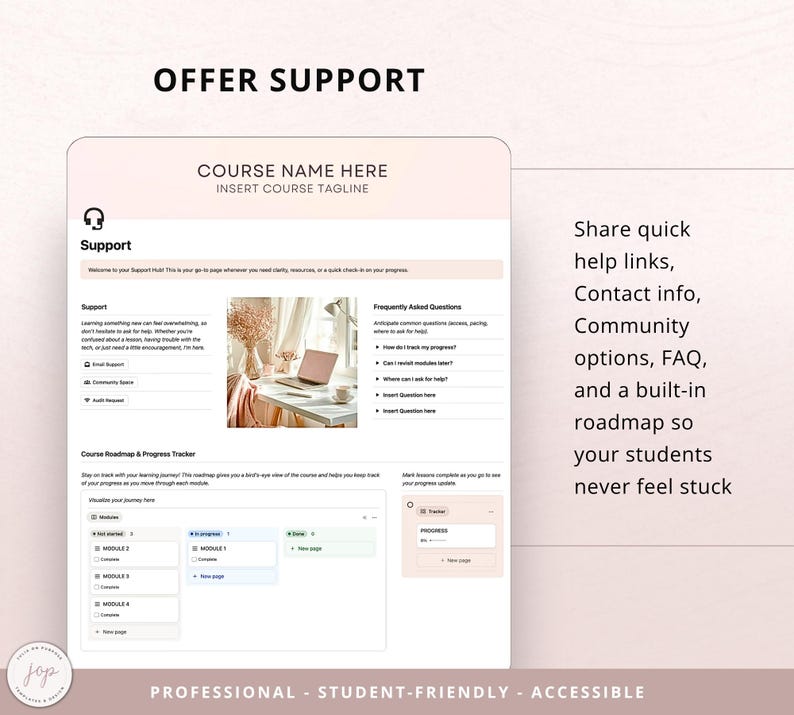 Peut inclure: Une interface num&eacute;rique avec le texte "OFFRE SOUTIEN" en haut. L'interface comprend des sections pour l'assistance, les questions fr&eacute;quemment pos&eacute;es et une feuille de route du cours. La conception est dans des tons de rose et de blanc, avec les mots "PROFESSIONNEL - ADAPTE AUX &Eacute;TUDIANTS - ACCESSIBLE" en bas.