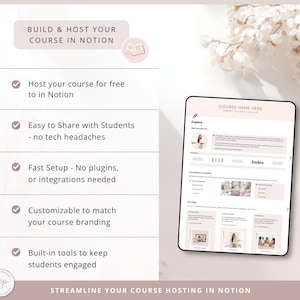 Peut inclure: Une tablette num&eacute;rique affiche un mod&egrave;le de cours avec le texte "COURSE NAME HERE". L'image comprend le texte "BUILD & HOST YOUR COURSE IN NOTION" et des puces mettant en &eacute;vidence des fonctionnalit&eacute;s telles que le partage facile et la configuration rapide. Le th&egrave;me g&eacute;n&eacute;ral est l'h&eacute;bergement de cours.
