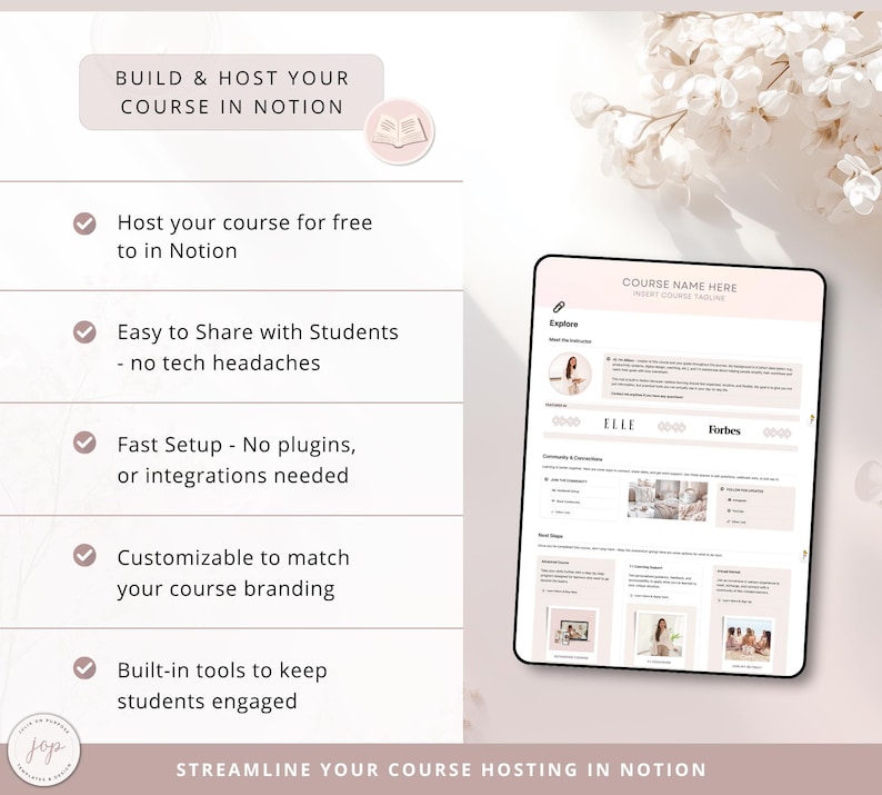 Peut inclure: Une tablette num&eacute;rique affiche un mod&egrave;le de cours avec le texte "COURSE NAME HERE". L'image comprend le texte "BUILD & HOST YOUR COURSE IN NOTION" et des puces mettant en &eacute;vidence des fonctionnalit&eacute;s telles que le partage facile et la configuration rapide. Le th&egrave;me g&eacute;n&eacute;ral est l'h&eacute;bergement de cours.