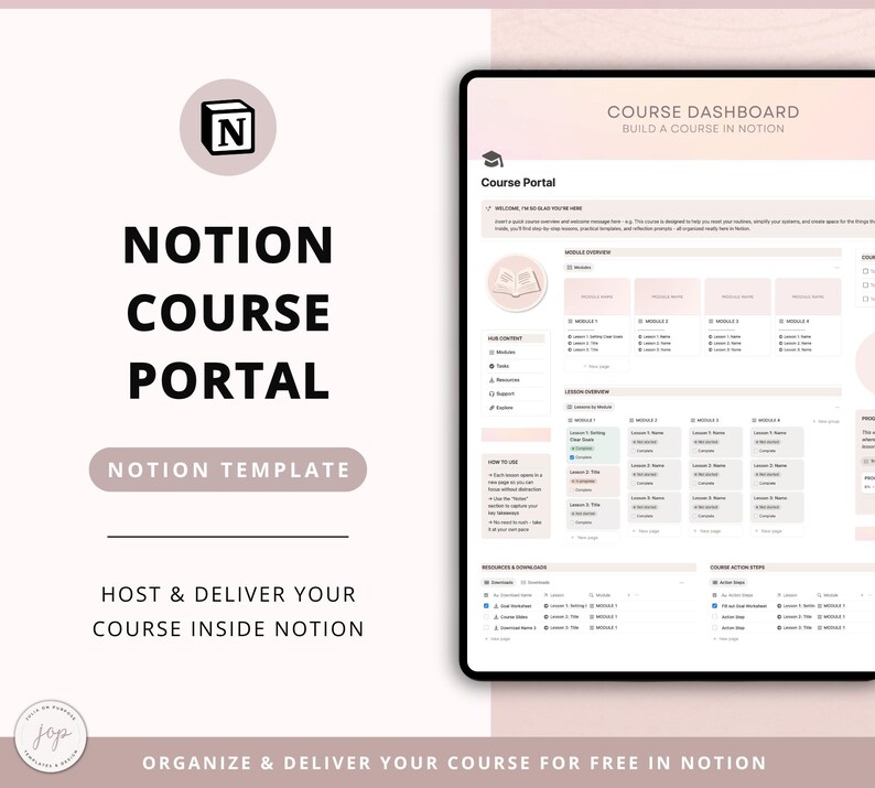 Peut inclure: Tablette affichant un tableau de bord de cours num&eacute;rique, avec un mod&egrave;le Notion. L'&eacute;cran pr&eacute;sente un portail de cours avec des modules, des le&ccedil;ons et des ressources. Le texte comprend "Notion Course Portal" et "Host & Deliver Your Course Inside Notion."