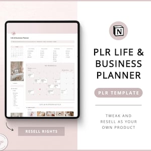 Puede incluir: Un planificador digital en una tableta, con un calendario y secciones para la planificación y objetivos. El texto "PLR LIFE & BUSINESS PLANNER" se destaca, junto con "RESELL RIGHTS" y "TWEAK AND RESELL AS YOUR OWN PRODUCT". El esquema de colores es rosa pálido y blanco.