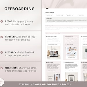 May include: A pink and white graphic with the text "OFFBOARDING" in a large, bold font. The graphic outlines four steps to offboarding clients: Recap, Reflect, Feedback, and Next Steps. Each step is accompanied by a tick and a brief description.