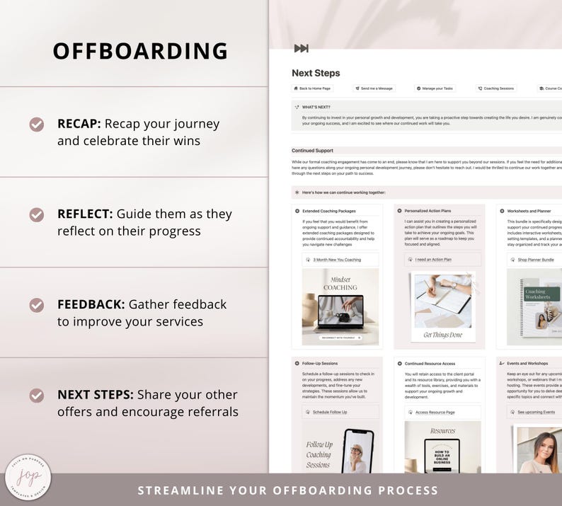 May include: A pink and white graphic with the text "OFFBOARDING" in a large, bold font. The graphic outlines four steps to offboarding clients: Recap, Reflect, Feedback, and Next Steps. Each step is accompanied by a tick and a brief description.