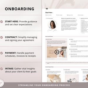 May include: A pink and white onboarding checklist for a business. The checklist includes steps such as "Start Here", "Contract", "Payment", and "Intake". The checklist is designed to help businesses streamline their onboarding process.